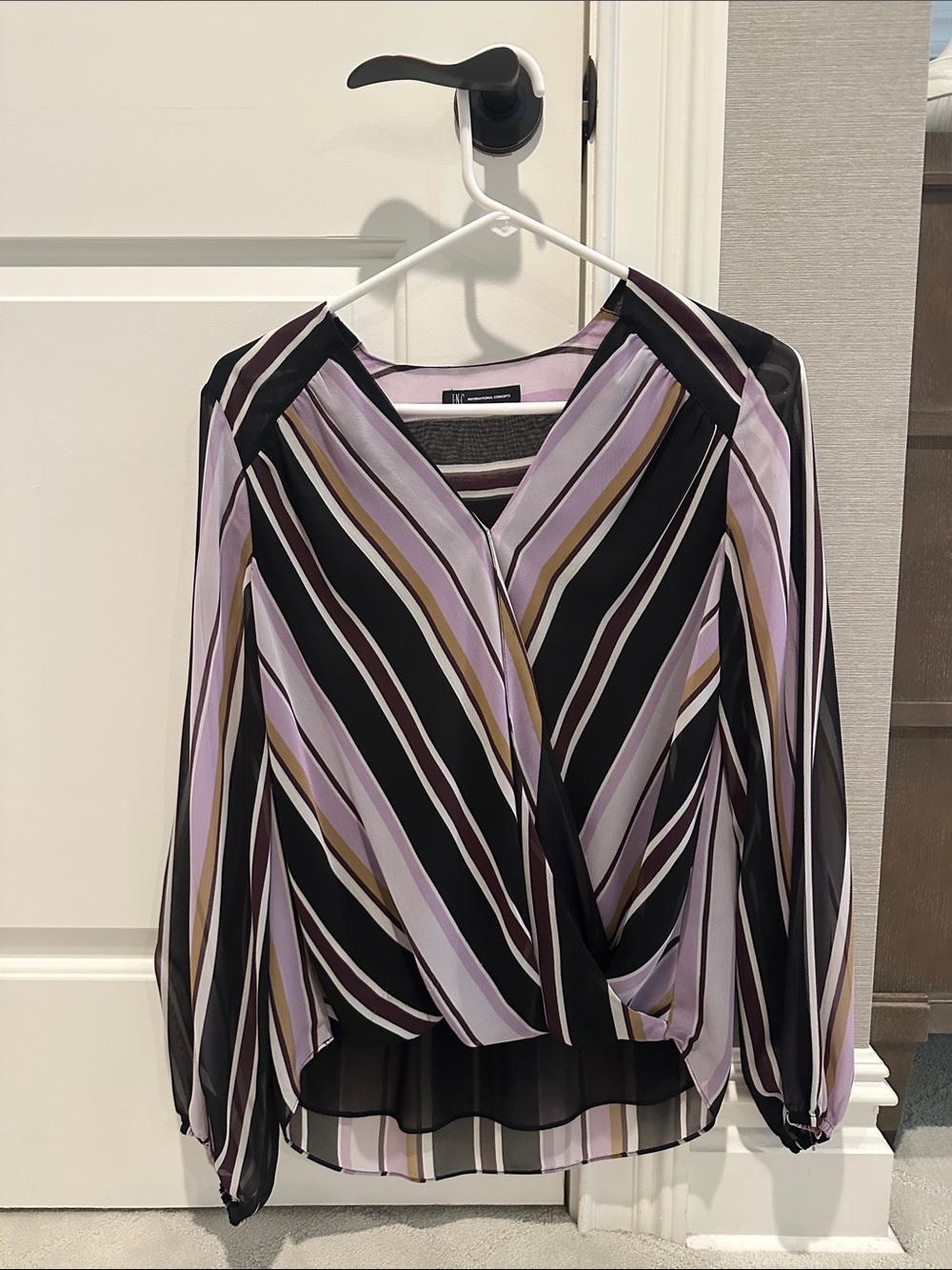 INC International Concepts Striped Wrap Blouse in Lavender, Black and Tan
